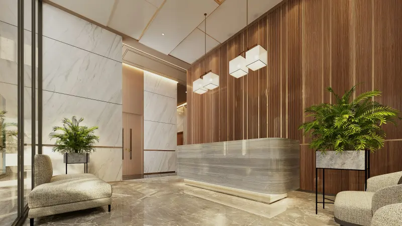 Modern office reception with a marble desk